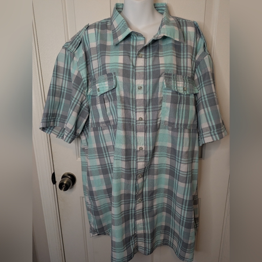 Attitude Gold Mens 4XL Short Sleeve Shirt Button Up 100% Cotton Mint Gray Plaid